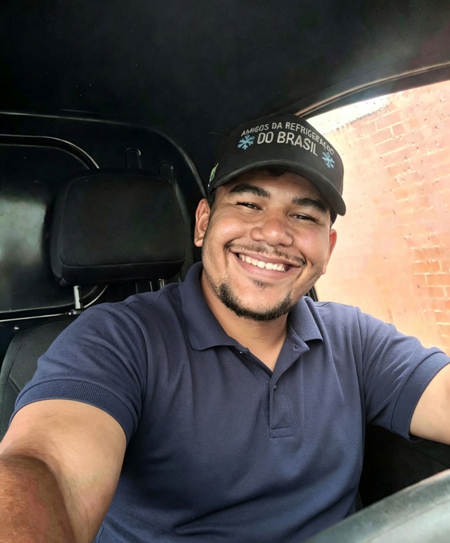 Felipe da Lltech Refrigeração sorrindo no carro, com boné Amigos da Refrigeração do Brasil